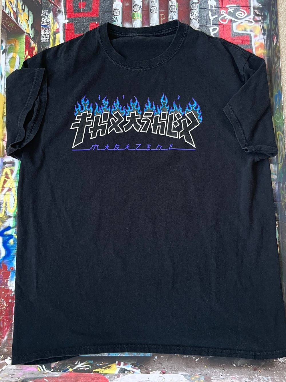 Thrasher Black T-Shirt with Blue Flame Logo